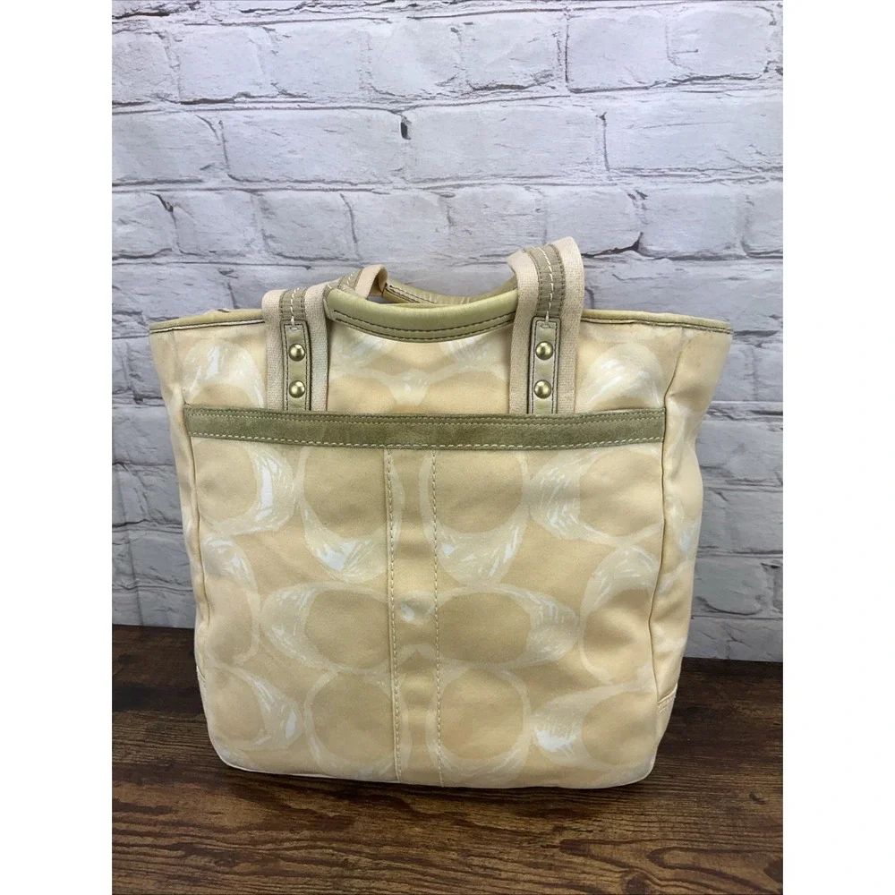 Coach Signature Print Tote Bag Purse Satchel Handbag Designer Tan - Picture 2 of 10